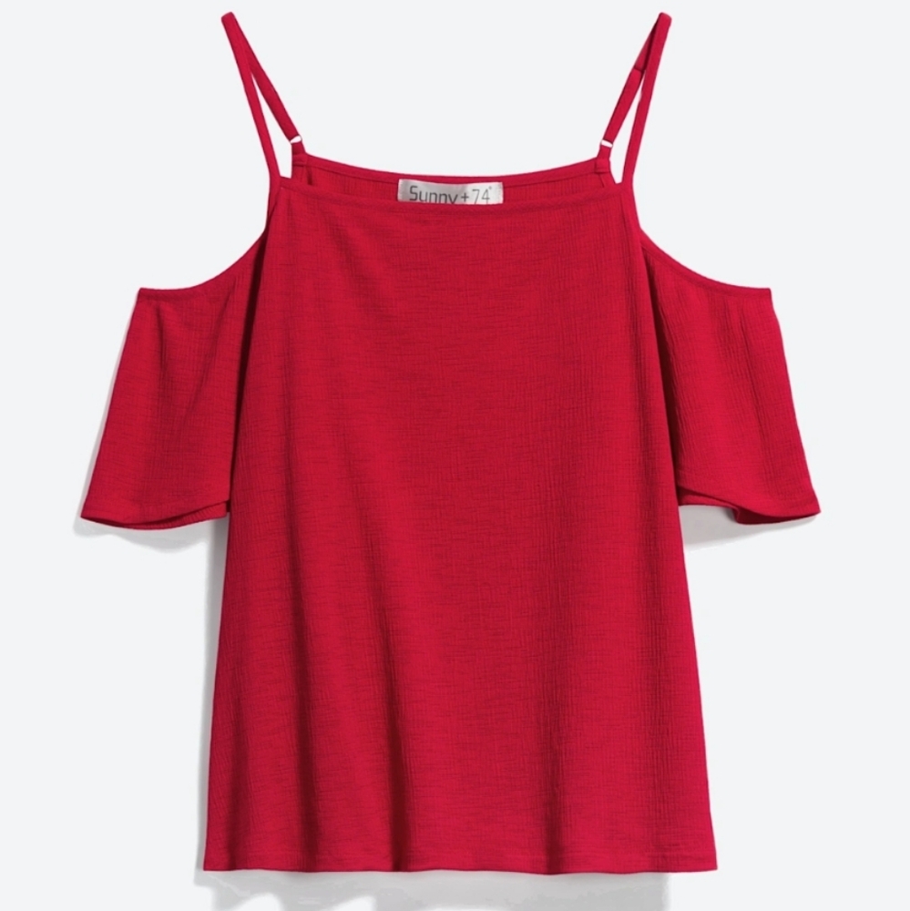 ❤️ Sunny + 74 Cold Shoulder Short Sleeve Spaghetti Strap Tank Large Red